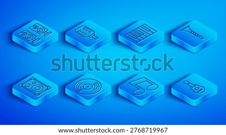 Set line Stereo speaker, Microphone, Grand piano, Vinyl disk, Music note, tone, Clarinet,  and Guitar icon. Vector