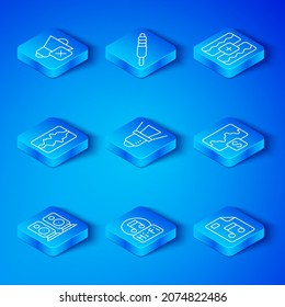 Set line Stereo speaker, Movie spotlight, Music note, tone, wave equalizer, Speaker mute and MP3 file document icon. Vector
