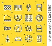 Set line Stereo speaker, MP4 file document, Sound mixer controller, Microphone, Music note, tone, Grand piano, Guitar amplifier and  icon. Vector