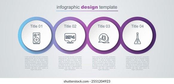 Definir linha Alto-falante estéreo, documento de arquivo MP4, Nota de música, Tom e Balalaika. Modelo de infográfico comercial. Vetor