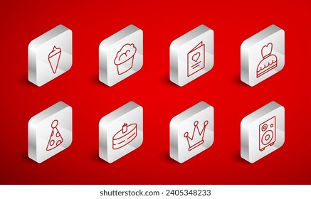 Set line Stereo speaker, Muffin, Postcard with heart, Woman dress, Crown, Ice cream waffle cone, Cake burning candles and Party hat icon. Vector