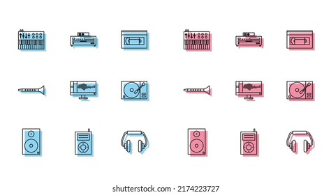 Set line Stereo speaker, Music MP3 player, synthesizer, Headphones, Sound or audio recorder monitor, Vinyl with vinyl disk, Clarinet and CD icon. Vector