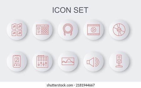 Set-Zeile Stereo-Lautsprecher, Musik-Player, Audio-Jack, Lautsprecher-Lautstärke, Dateidokument, Drum-Maschine, Sound-Mixer-Controller und Wave-Equalizer-Icon. Vektorgrafik