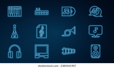 Set line Stereo speaker, Music note, tone, Vinyl disk, Treble clef, Guitar, synthesizer, Trumpet and Sound mixer controller icon. Vector