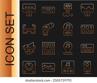 Set line Stereo speaker, Music synthesizer, Drum machine, recording studio, Glasses, wave equalizer and note, tone icon. Vector