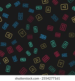 Set line Stereo speaker, Music player, Play button and Rewind on seamless pattern. Vector