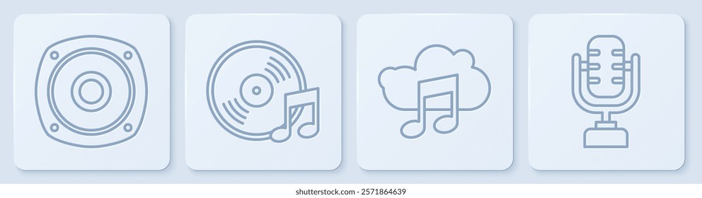 Set line Stereo speaker, Music streaming service, Vinyl disk and Microphone. White square button. Vector