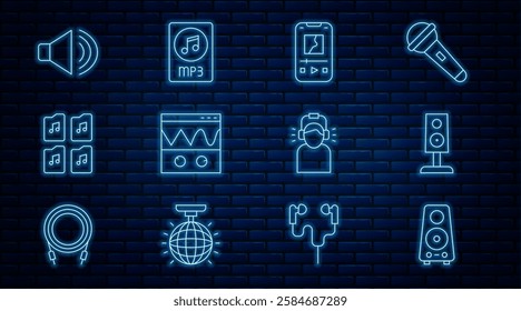 Set line Stereo speaker, Music player, Oscilloscope, file document, Speaker volume, Man in headphones and MP3 icon. Vector