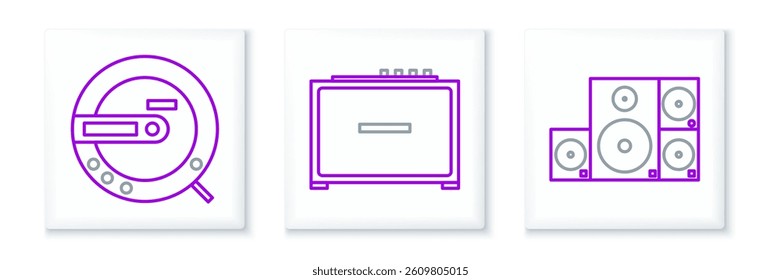 Set line Stereo speaker, Music CD player and Guitar amplifier icon. Vector