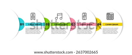 Set line Stereo speaker, Music note, tone, player and playlist. Business infographic template. Vector