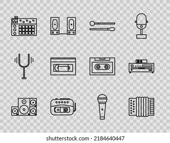 Set Line Stereo Speaker, Musical Instrument Accordion, Drum Sticks, Tape Player, Machine, VHS Video Cassette, Microphone And CD Icon. Vector