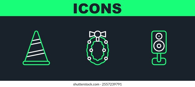 Set line Stereo speaker, Party hat and Christmas wreath icon. Vector