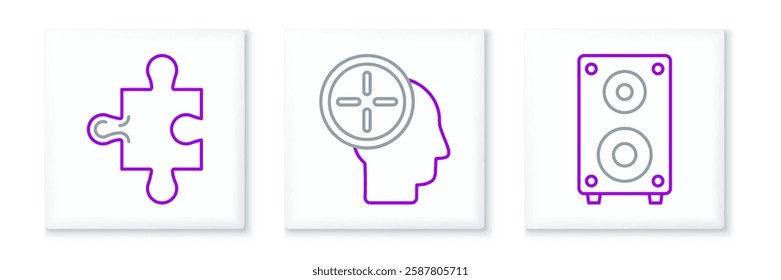 Set line Stereo speaker, Piece of puzzle and Head hunting concept icon. Vector