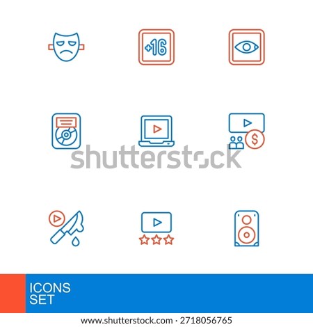 Set line Stereo speaker, Rating movie, Thriller, Cinema auditorium with screen, CD disk award frame, Online play video,  and Plus 16 icon. Vector