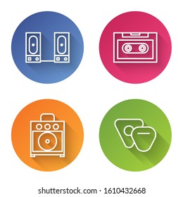 Set line Stereo speaker, Retro audio cassette tape, Guitar amplifier and Guitar pick. Color circle button. Vector