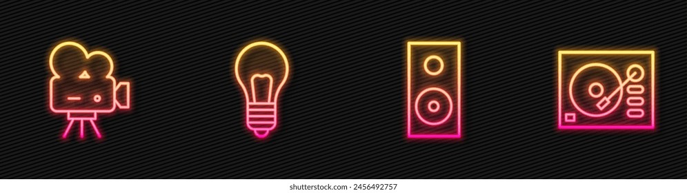 Set line Stereo speaker, Retro cinema camera, Light bulb with concept of idea and Vinyl player. Glowing neon icon. Vector