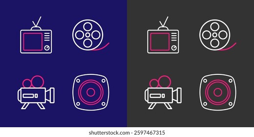 Set line Stereo speaker, Retro cinema camera, Film reel and tv icon. Vector