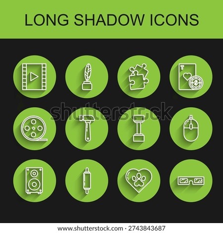 Set line Stereo speaker, Rolling pin, Play Video, Heart with animals footprint, 3D cinema glasses, Hammer, Computer mouse and Dumbbell icon. Vector