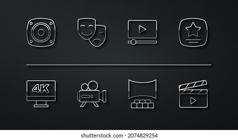 Set line Stereo speaker, Screen tv with 4k, Walk of fame star, Cinema auditorium screen, Retro cinema camera, Comedy and tragedy masks, Movie clapper and Online play video icon. Vector