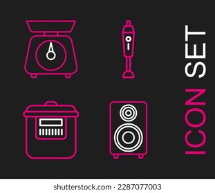 Set line Stereo speaker, Slow cooker, Blender and Scales icon. Vector