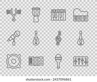 Set line Stereo speaker, Sound mixer controller, Music synthesizer, Accordion, Musical tuning fork, Guitar, Maracas and  icon. Vector