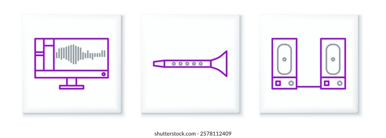 Set line Stereo speaker, Sound or audio recorder on monitor and Clarinet icon. Vector