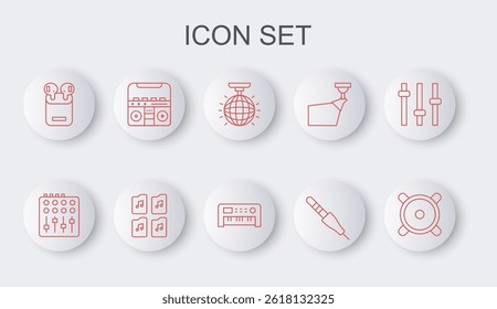 Set line Stereo speaker, Sound mixer controller, Disco ball, Audio jack, Air headphones in box, Home stereo with speakers, Music file document and synthesizer icon. Vector