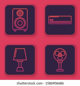 Set line Stereo speaker , Table lamp , Air conditioner  and Electric fan . Blue square button. Vector