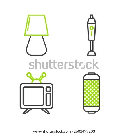 Set line Stereo speaker, Television, Blender and Table lamp icon. Vector