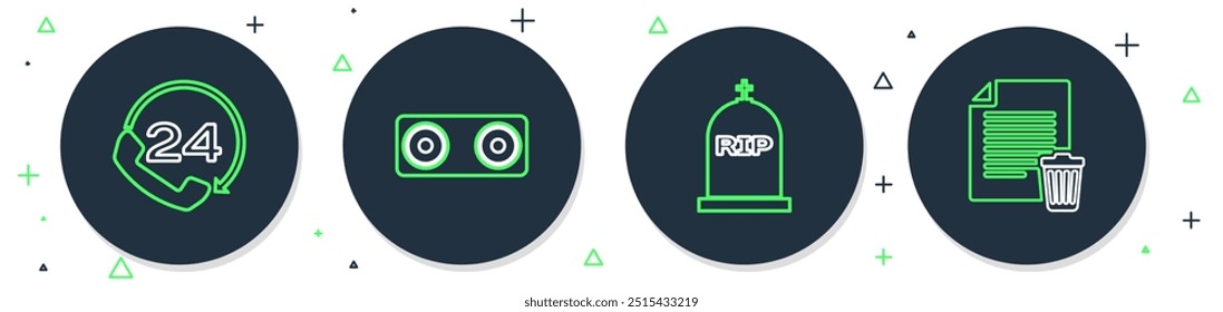 Set-Line-Stereo-Lautsprecher, Tombstone mit RIP geschrieben, Telefon 24 Stunden Unterstützung und Löschen Datei Dokument Symbol. Vektorgrafik