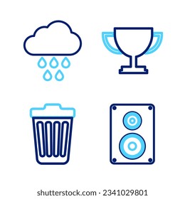 Set line Stereo speaker, Trash can, Trophy cup and Cloud with rain icon. Vector