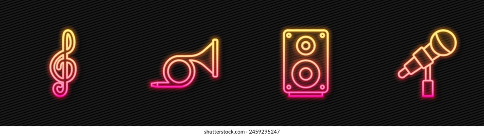 Set line Stereo speaker, Treble clef, Trumpet and Microphone. Glowing neon icon. Vector