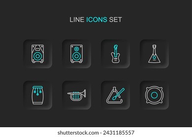 Set line Stereo speaker, Triangle musical instrument, Trumpet, Conga drums, Balalaika, Electric bass guitar,  and  icon. Vector