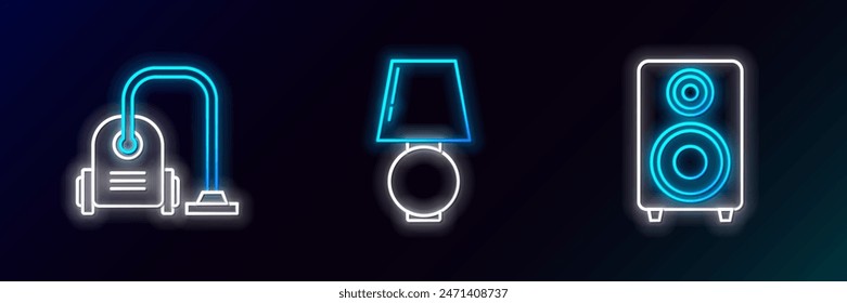 Fije la línea Altavoz estéreo, aspirador e icono de lámpara de mesa. Neón brillante. Vector