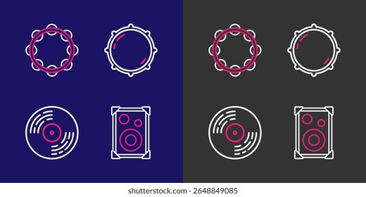 Set line Stereo speaker, Vinyl disk, Dial knob level and Tambourine icon. Vector