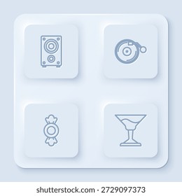 Set line Stereo speaker, Vinyl player with disk, Candy and Cocktail. White square button. Vector