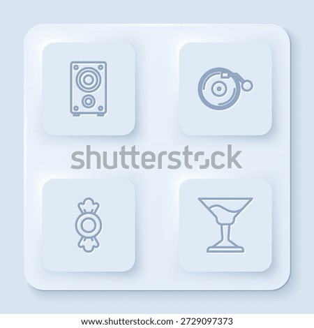Set line Stereo speaker, Vinyl player with disk, Candy and Cocktail. White square button. Vector