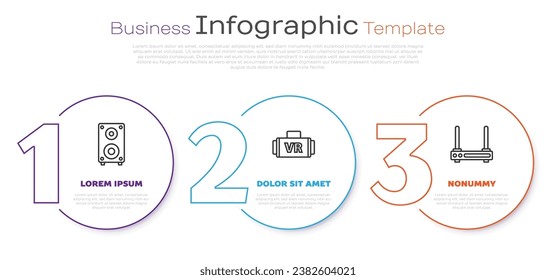 Set line Stereo speaker, Virtual reality glasses and Router and wi-fi signal. Business infographic template. Vector