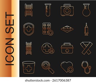 Set line Stethoscope, Awareness ribbon, Syringe, First aid kit, Pills blister pack, Medical shield with cross, DNA symbol and Medicine pill or tablet icon. Vector