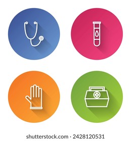 Set line Stethoscope, Blood test and virus, Medical rubber gloves and First aid kit. Color circle button. Vector