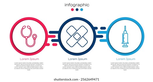 Set line Stethoscope, Crossed bandage plaster and Syringe. Business infographic template. Vector