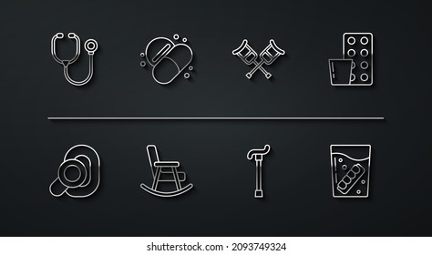 Fijar la línea Stethoscope, Ayuda para la audición, Envase para blister de Pills, Caña de bastón para caminar, Silla para rocas, Píldora o comprimido de Medicina, Icono de Falsa Cristal y Crutch multches. Vector