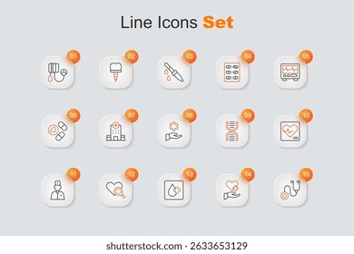 Set line Stethoscope, Heart with cross, Blood test, Medical heart inspection, Male doctor, rate, DNA symbol and Cross hospital medical icon. Vector