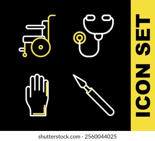 Set line Stethoscope, Medical surgery scalpel, rubber gloves and Wheelchair for disabled person icon. Vector