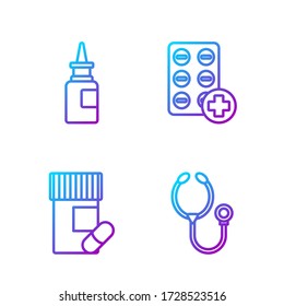 Set line Stethoscope, Medicine bottle and pills, Bottle nasal spray and Pills in blister pack. Gradient color icons. Vector