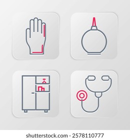 Set line Stethoscope, Medicine cabinet, Enema and Medical rubber gloves icon. Vector