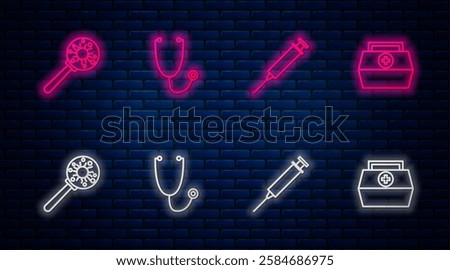 Set line Stethoscope, Syringe, Virus under magnifying glass and First aid kit. Glowing neon icon on brick wall. Vector