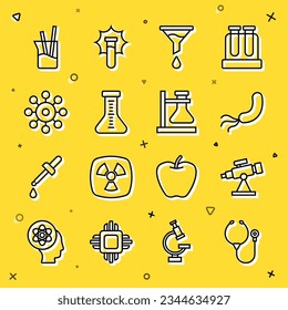 Fijar la línea Stethoscope, Telescopio, bacterias, embudo o filtro, Tubo de ensayo, Virus, cristalería de laboratorio y matraz en el icono del soporte. Vector
