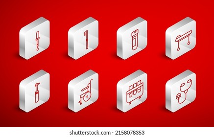 Die Linie Stethoskop, Zahnbürste, Prüfröhre mit Blut, Stretcher und Kolben, Pipette, Rollstuhl für Behinderte und Bohrsymbol. Vektorgrafik