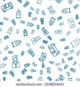 Set line Stewardess, Fuel tanker truck and Suitcase on seamless pattern. Vector